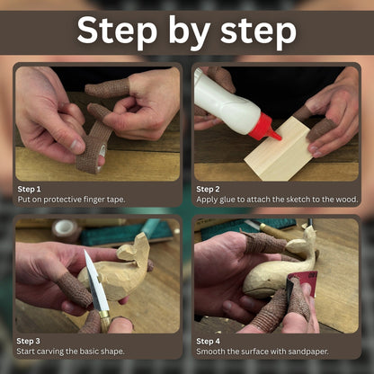 Whale Carving Kit with knife, wooden blocks, sandpaper, sharpening board, pencil, and whale drawing template