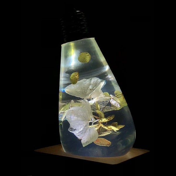 EP Light White Hydrangea handcrafted resin LED bulb with wooden base options