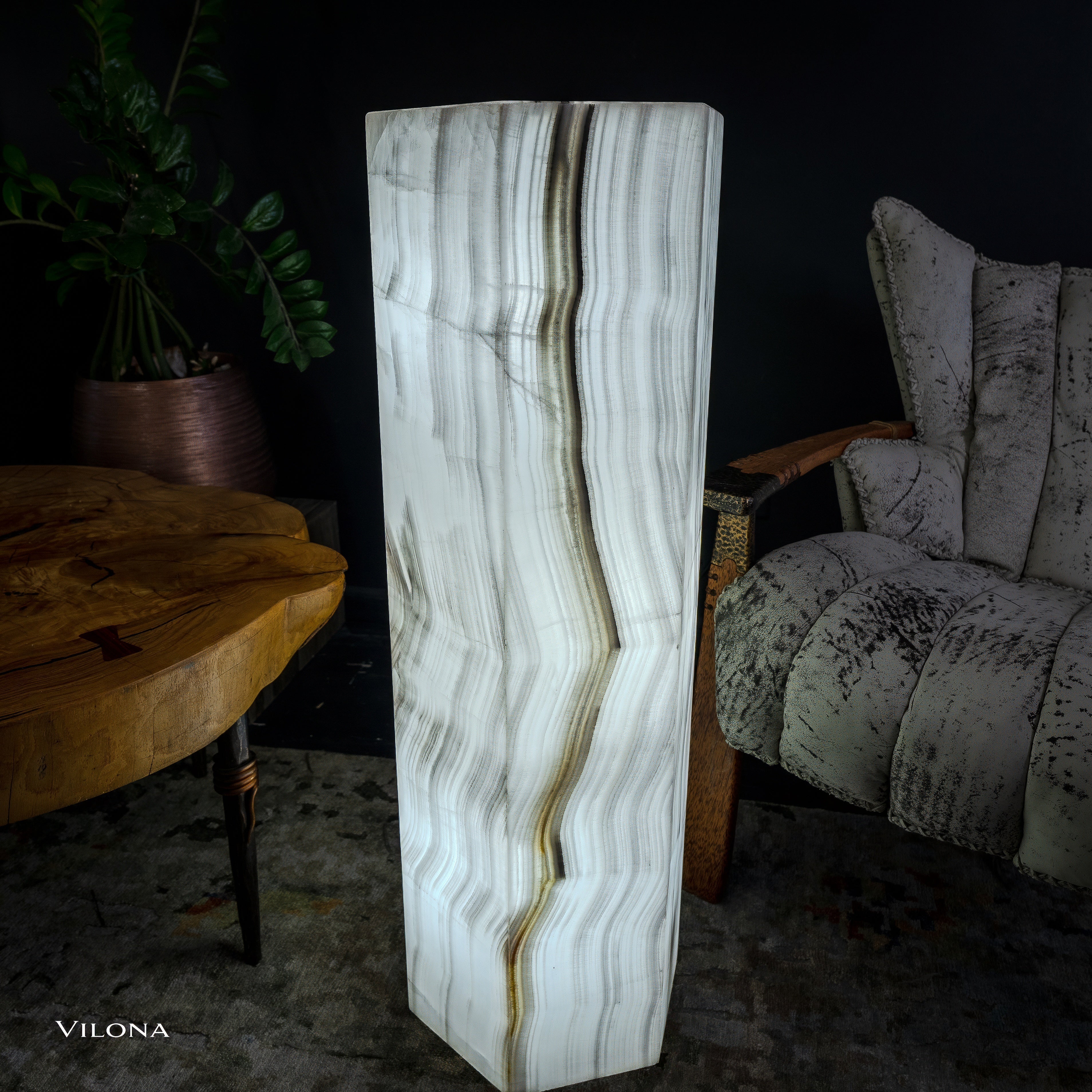 White Ice Onyx Floor Lamp - Small - 39.5"H x 13.5"W - Hexagon - #1 by Vilona Onyx - product image 8 for Resin Society