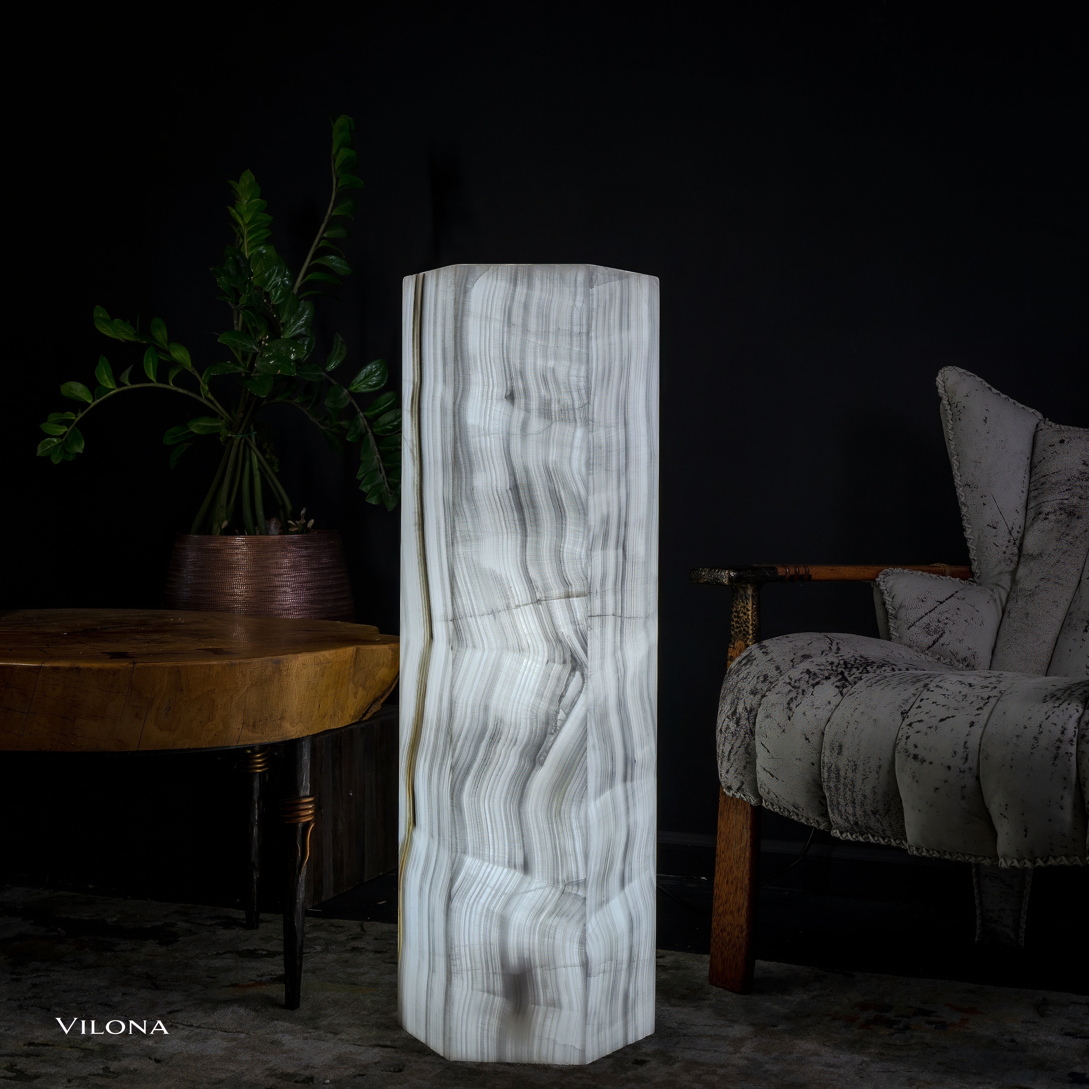 White Ice Onyx Floor Lamp - Small - 39.5"H x 13.5"W - Hexagon - #1 by Vilona Onyx - main product image for Resin Society
