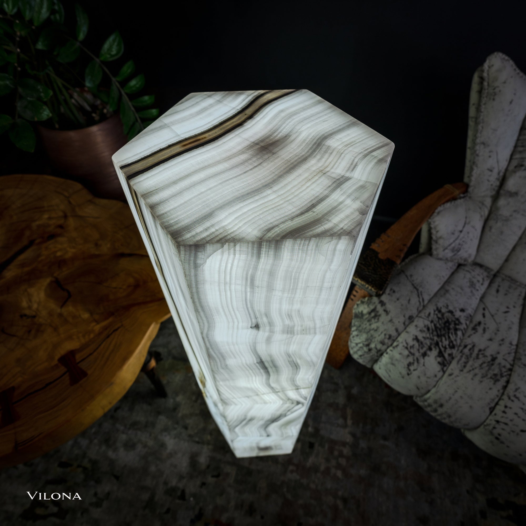 White Ice Onyx Floor Lamp - Small - 39.5"H x 13.5"W - Hexagon - #1 by Vilona Onyx - product image 6 for Resin Society