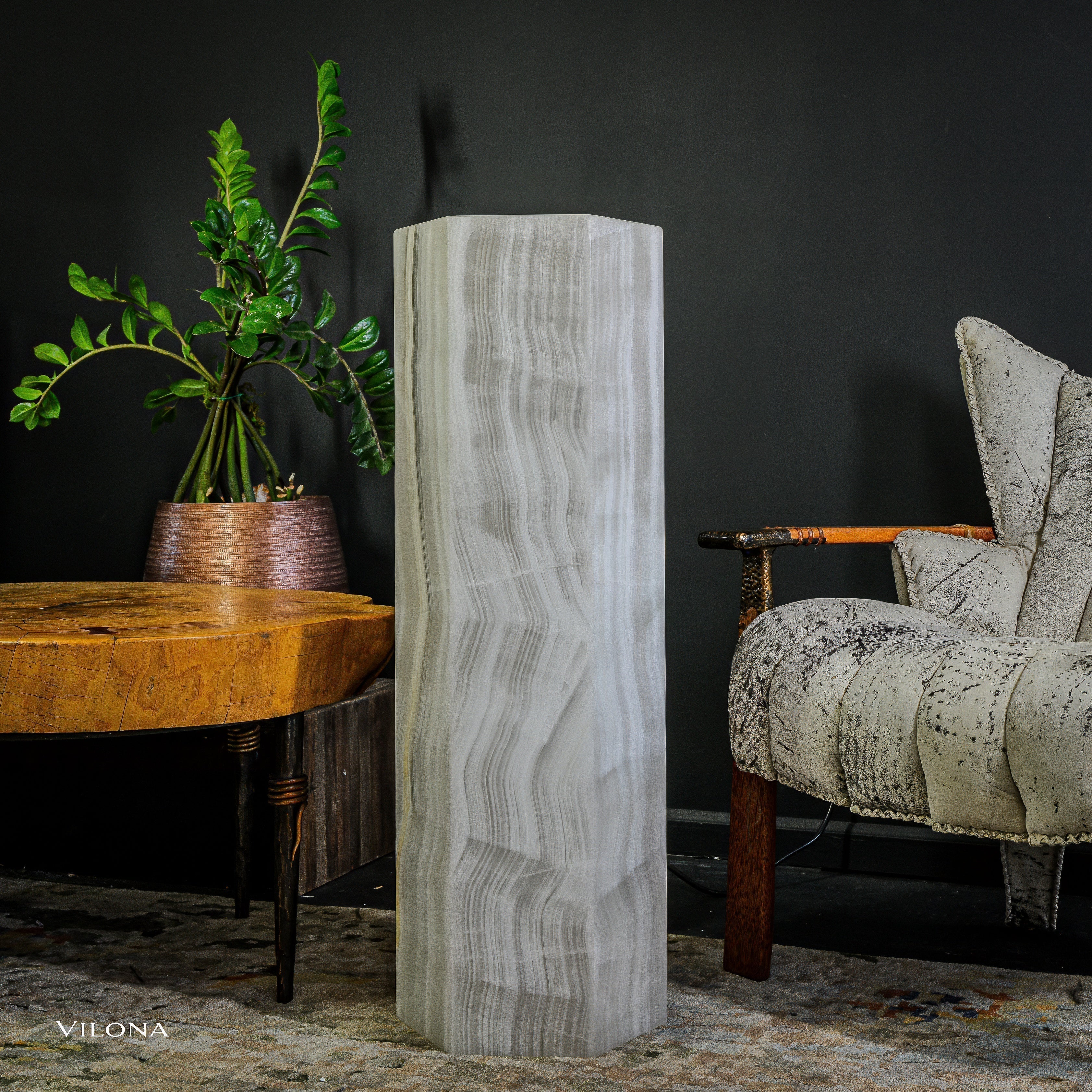 White Ice Onyx Floor Lamp - Small - 39.5"H x 13.5"W - Hexagon - #1 by Vilona Onyx - product image 13 for Resin Society