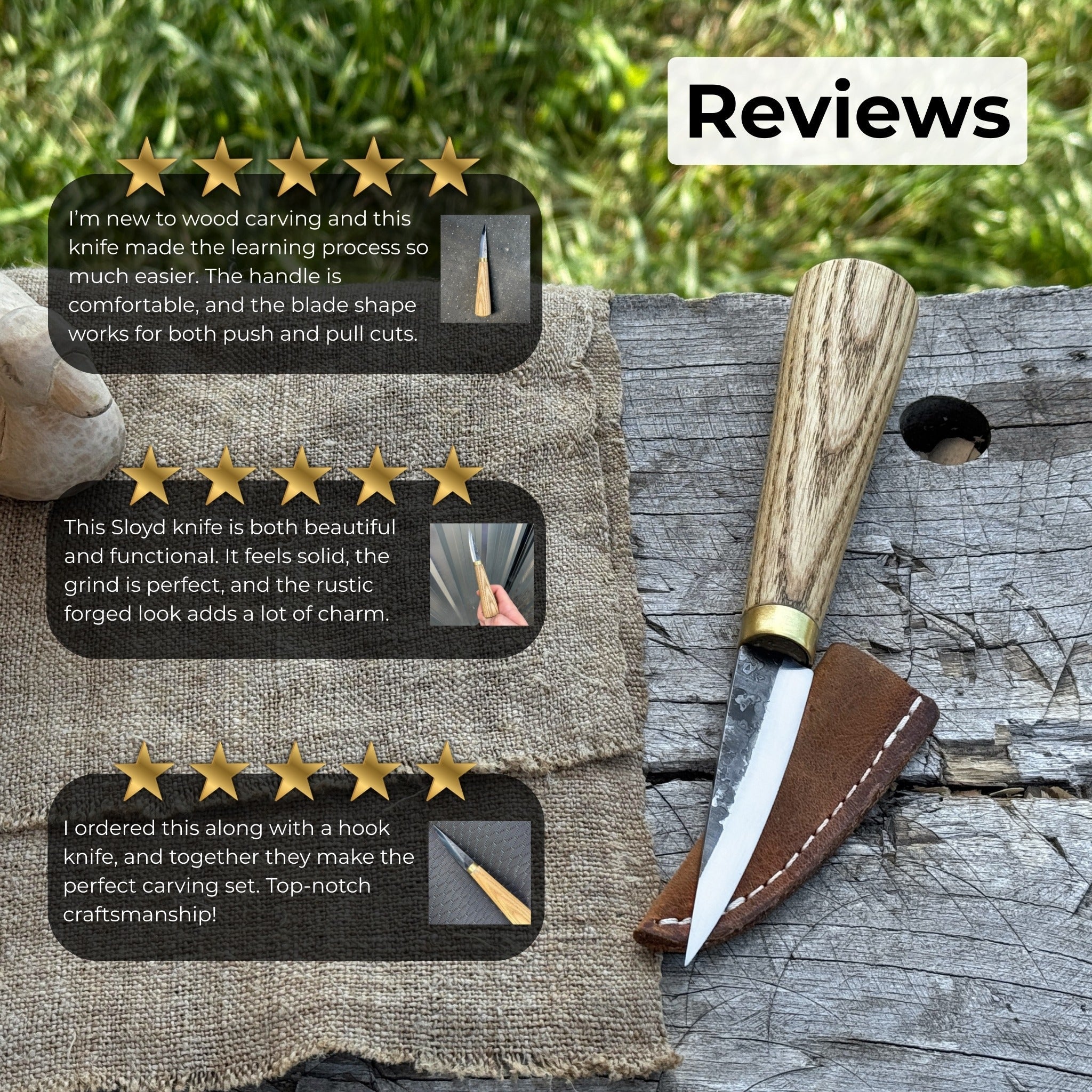Whittling Sloyd Knife with 7.5 cm blade and ash wood handle by Sharky Forged Steel Tools