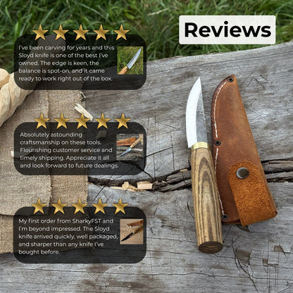 Hand-forged whittling sloyd knife with 10 cm carbon steel blade and leather sheath