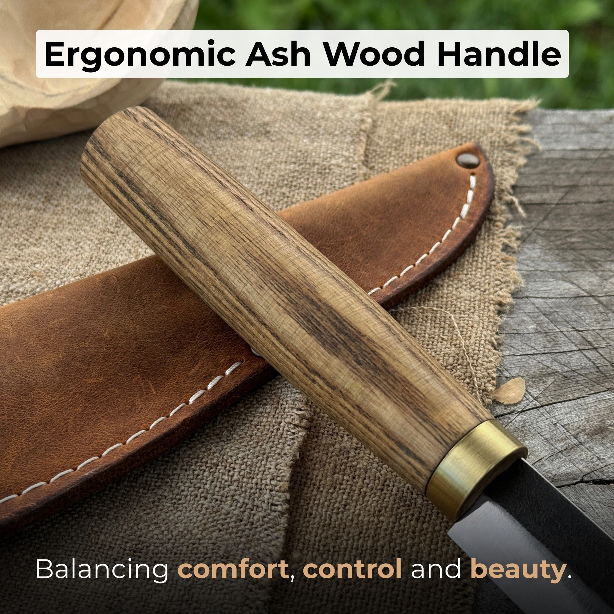 Hand-forged whittling sloyd knife with 10 cm carbon steel blade and leather sheath