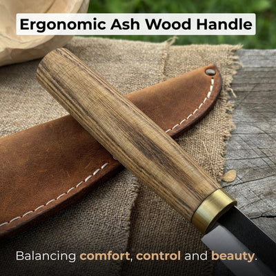 Hand-forged whittling sloyd knife with 10 cm carbon steel blade and leather sheath