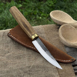 Hand-forged whittling sloyd knife with 10 cm carbon steel blade and leather sheath
