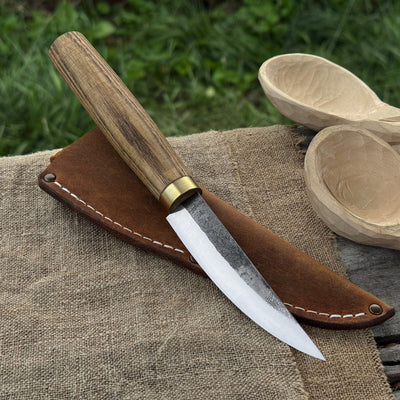 Hand-forged whittling sloyd knife with 10 cm carbon steel blade and leather sheath