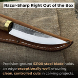 Hand-forged whittling sloyd knife with 10 cm carbon steel blade and leather sheath