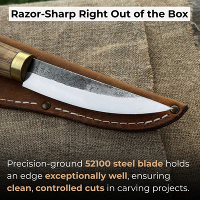 Hand-forged whittling sloyd knife with 10 cm carbon steel blade and leather sheath