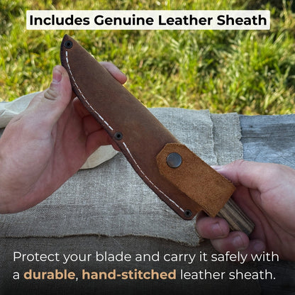 Hand-forged whittling sloyd knife with 10 cm carbon steel blade and leather sheath
