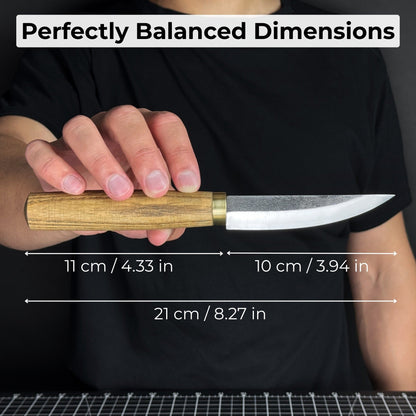 Hand-forged whittling sloyd knife with 10 cm carbon steel blade and leather sheath