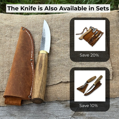 Hand-forged whittling sloyd knife with 10 cm carbon steel blade and leather sheath