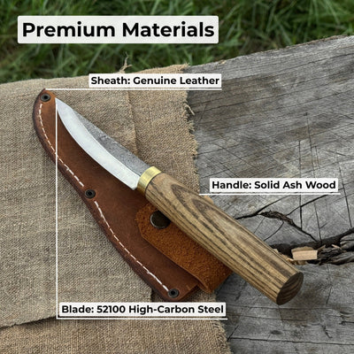Hand-forged whittling sloyd knife with 10 cm carbon steel blade and leather sheath