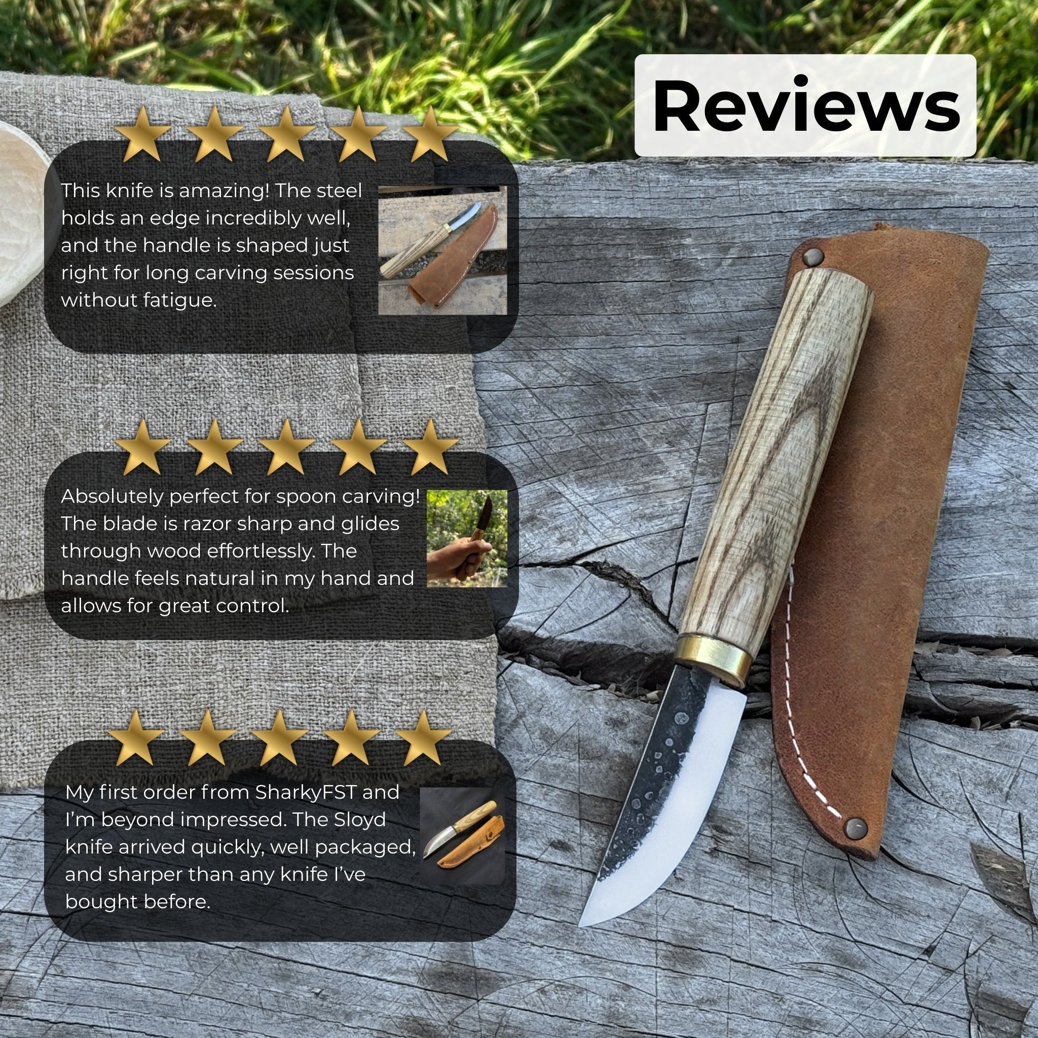 Whittling Sloyd Knife with 7.5 cm carbon steel blade and leather sheath by Sharky Forged Steel Tools