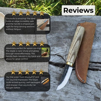 Whittling Sloyd Knife with 7.5 cm carbon steel blade and leather sheath by Sharky Forged Steel Tools