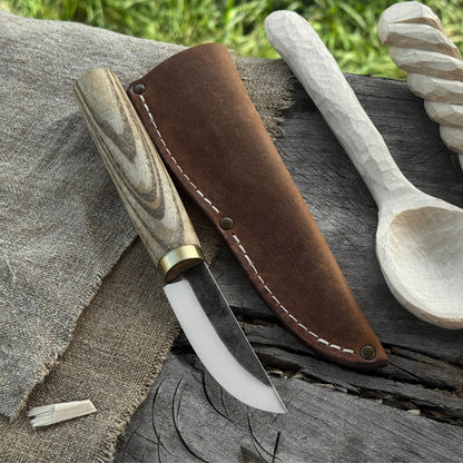 Whittling Sloyd Knife with 7.5 cm carbon steel blade and leather sheath by Sharky Forged Steel Tools