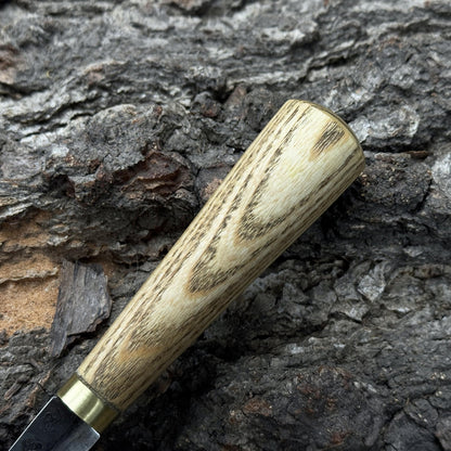 Hand-forged whittling sloyd knife with leather sheath and ash wood handle