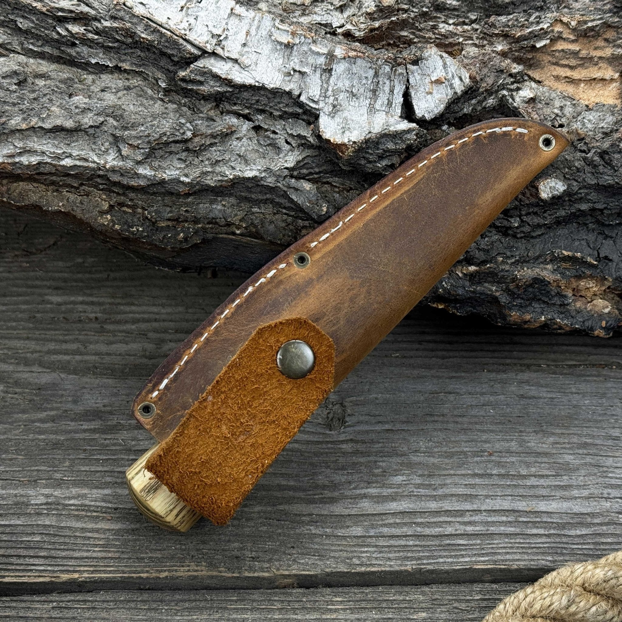 Hand-forged whittling sloyd knife with leather sheath and ash wood handle