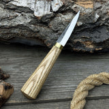 Hand-forged whittling sloyd knife with leather sheath and ash wood handle