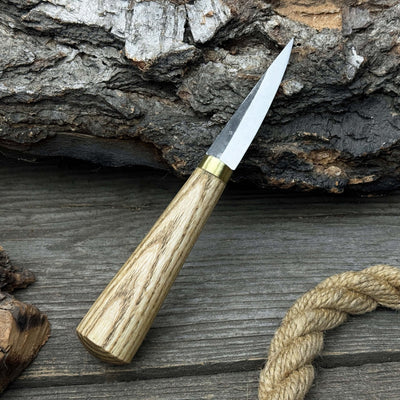 Hand-forged whittling sloyd knife with leather sheath and ash wood handle