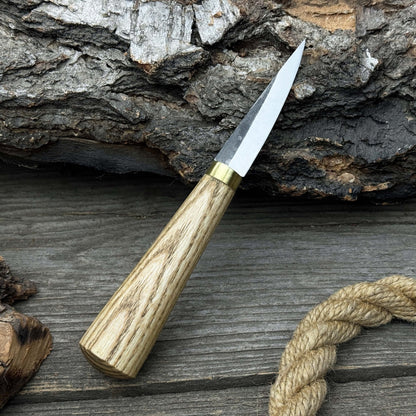 Hand-forged whittling sloyd knife with leather sheath and ash wood handle