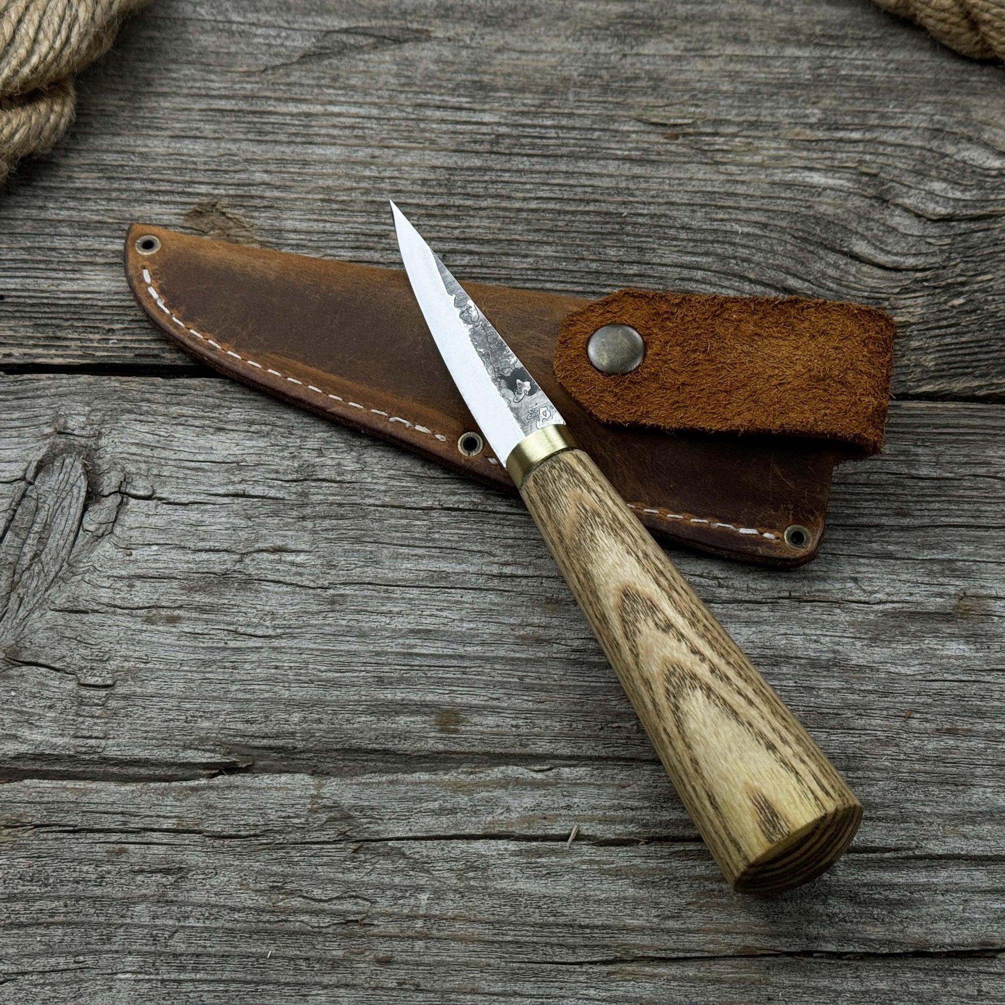 Hand-forged whittling sloyd knife with leather sheath and ash wood handle