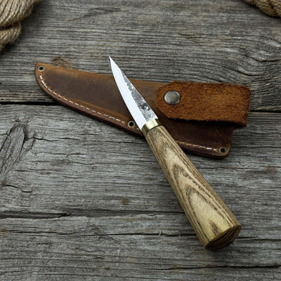 Hand-forged whittling sloyd knife with leather sheath and ash wood handle
