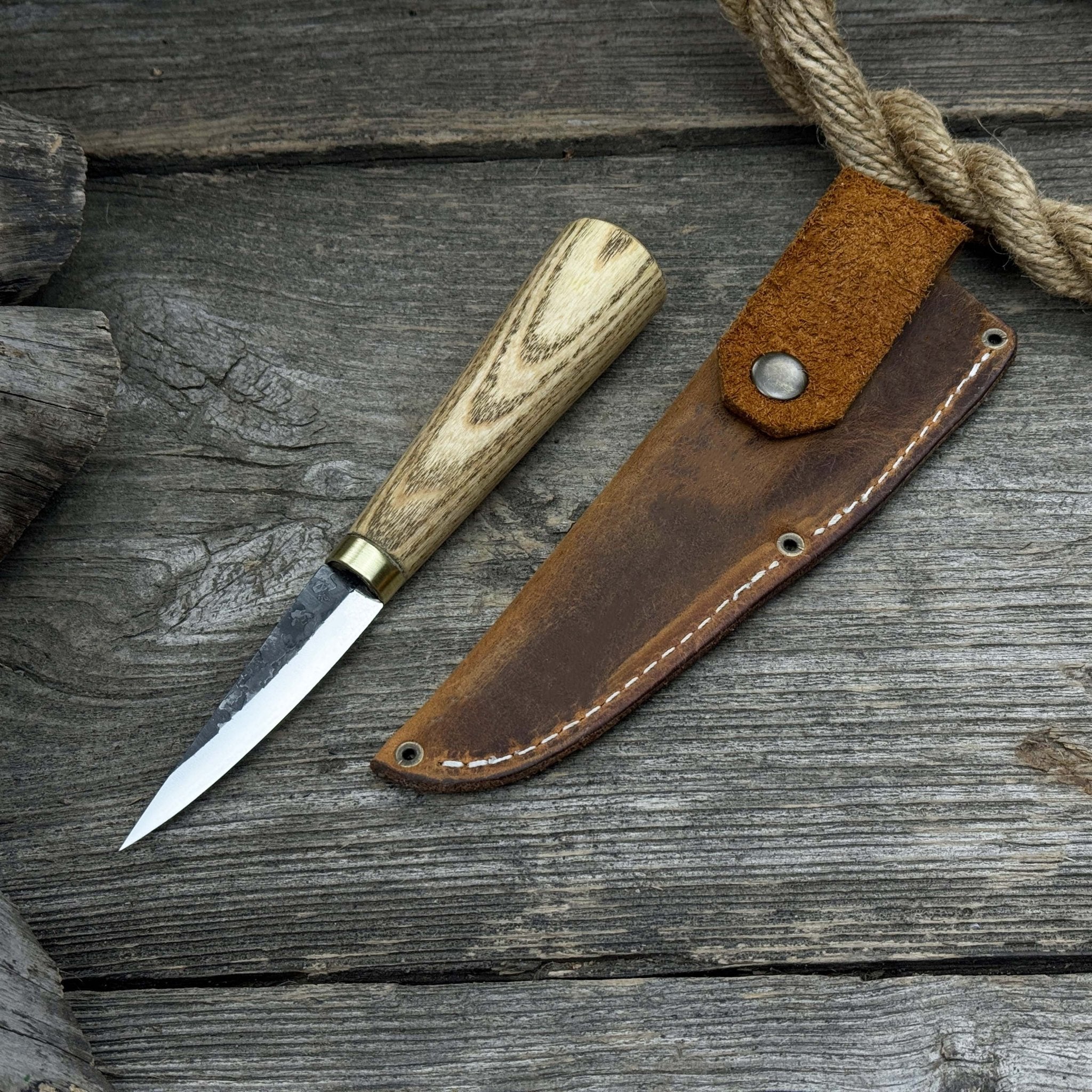 Hand-forged whittling sloyd knife with leather sheath and ash wood handle