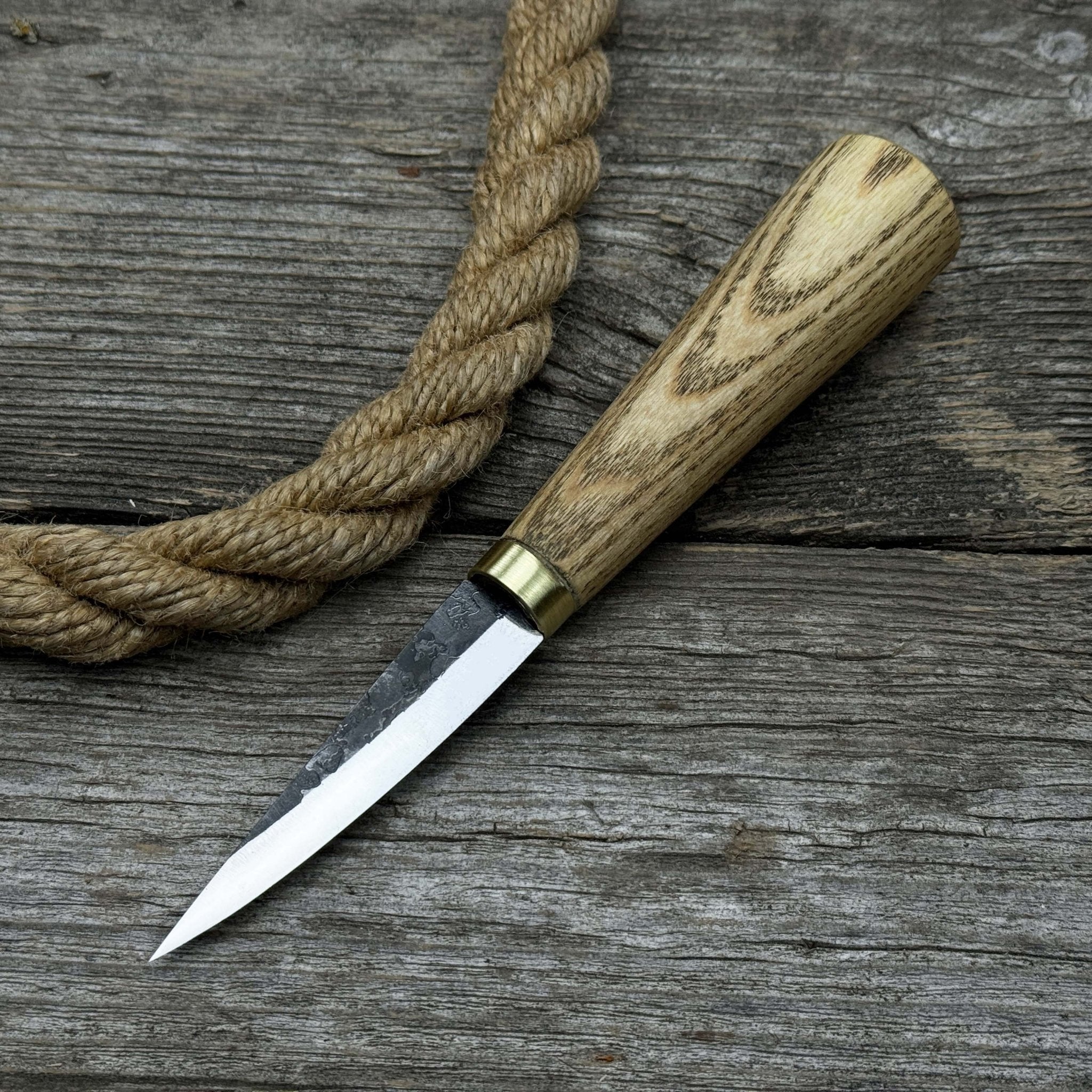 Hand-forged whittling sloyd knife with leather sheath and ash wood handle