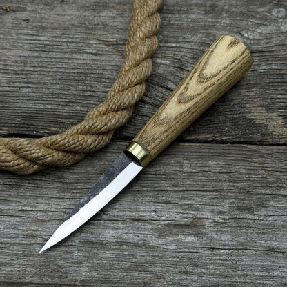 Hand-forged whittling sloyd knife with leather sheath and ash wood handle