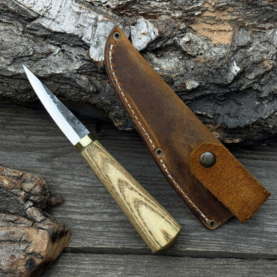 Hand-forged whittling sloyd knife with leather sheath and ash wood handle