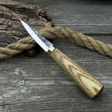Hand-forged whittling sloyd knife with leather sheath and ash wood handle