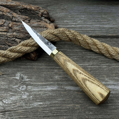 Hand-forged whittling sloyd knife with leather sheath and ash wood handle