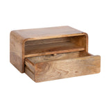 Compact light brown wooden side table with a rounded rectangular shape featuring an open shelf and a partially open drawer beneath it