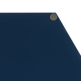 Close-up of a matte navy blue hexagonal tray corner with a small round metallic accent on the angled edge against a white background.