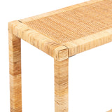 Corner close-up of a light tan rattan console table highlighting woven rectangular top and wrapped rattan legs with natural texture and subtle color variation.
