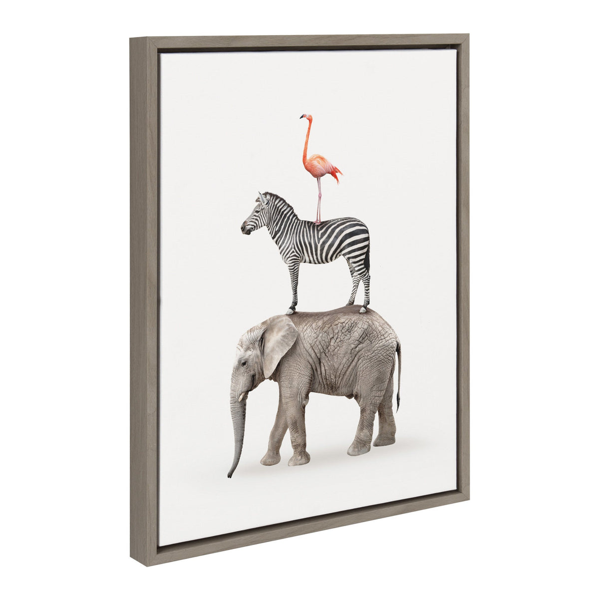 Framed canvas art showing a pink flamingo standing on a black-and-white zebra, which stands on a gray elephant, all set against a white background.