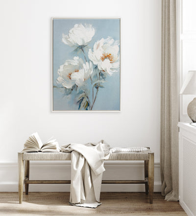 Sylvie Beaded White Peonies on Ocean Blue Framed Canvas by The Creative Bunch Studio