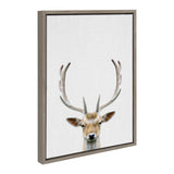 Framed canvas art depicting a close-up of a deer head with large antlers on a white textured background, surrounded by a sleek gray wooden frame.