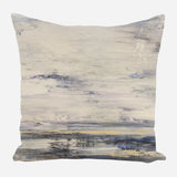 Square pillow featuring a soft abstract coastal landscape with muted beige, gray, and blue brushstrokes rendering a cloudy sky over a calm sea.
