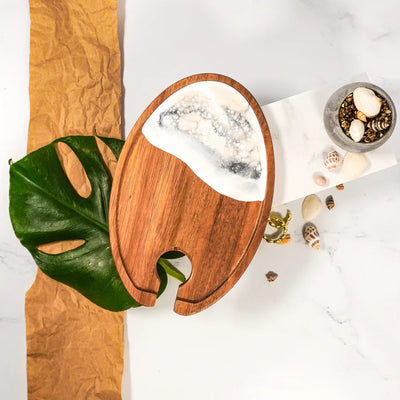 Wine & Appetizer Resin Tray with recessed wine glass spot and appetizer rim, handcrafted with acacia wood and resin