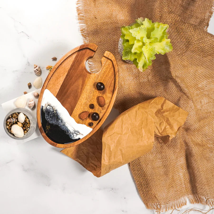 Wine & Appetizer Resin Tray with recessed wine glass spot and appetizer rim, handcrafted with acacia wood and resin