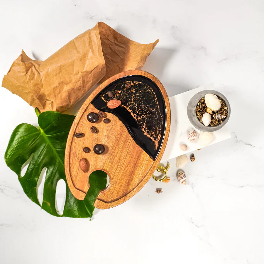 Wine & Appetizer Tray with black and brown design, surrounded by decorative items on a white background