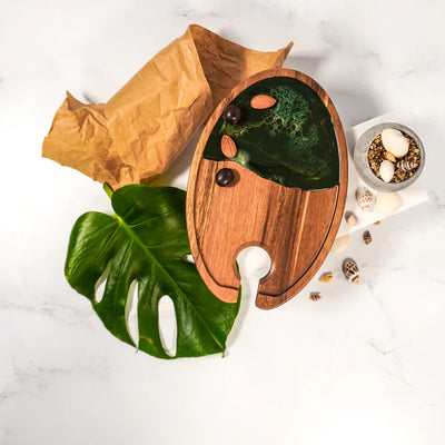 Wine & Appetizer Resin Tray with recessed wine glass spot and appetizer rim, handcrafted with acacia wood and resin
