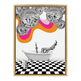 Black and white photo collage of legs and arm holding a cocktail glass in a vintage bathtub on a black and white checkered floor, under large mirrored disco balls and orange-pink wavy shapes.