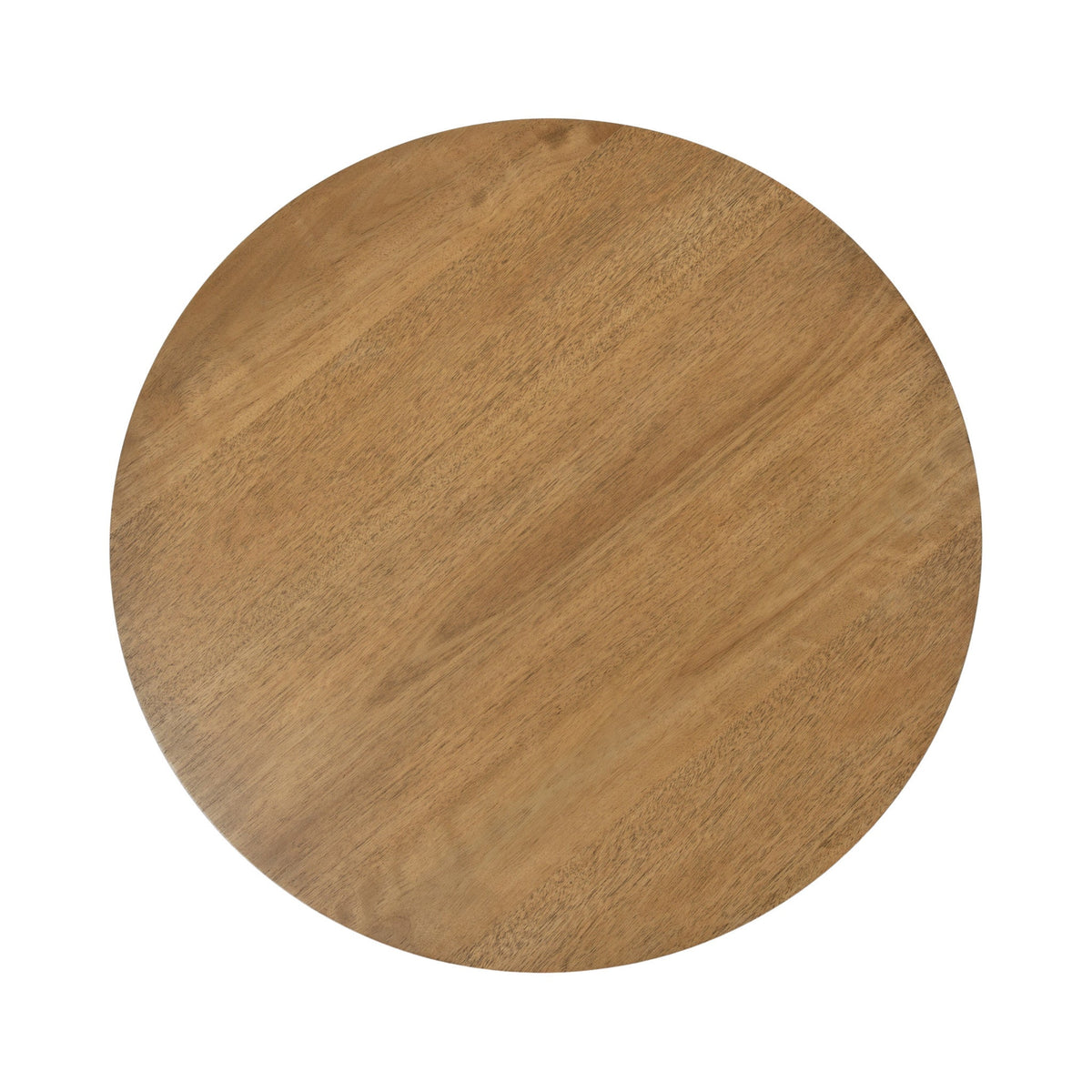 Top view of a round wood coffee table with a smooth, natural light brown surface showing fine wood grain patterns.