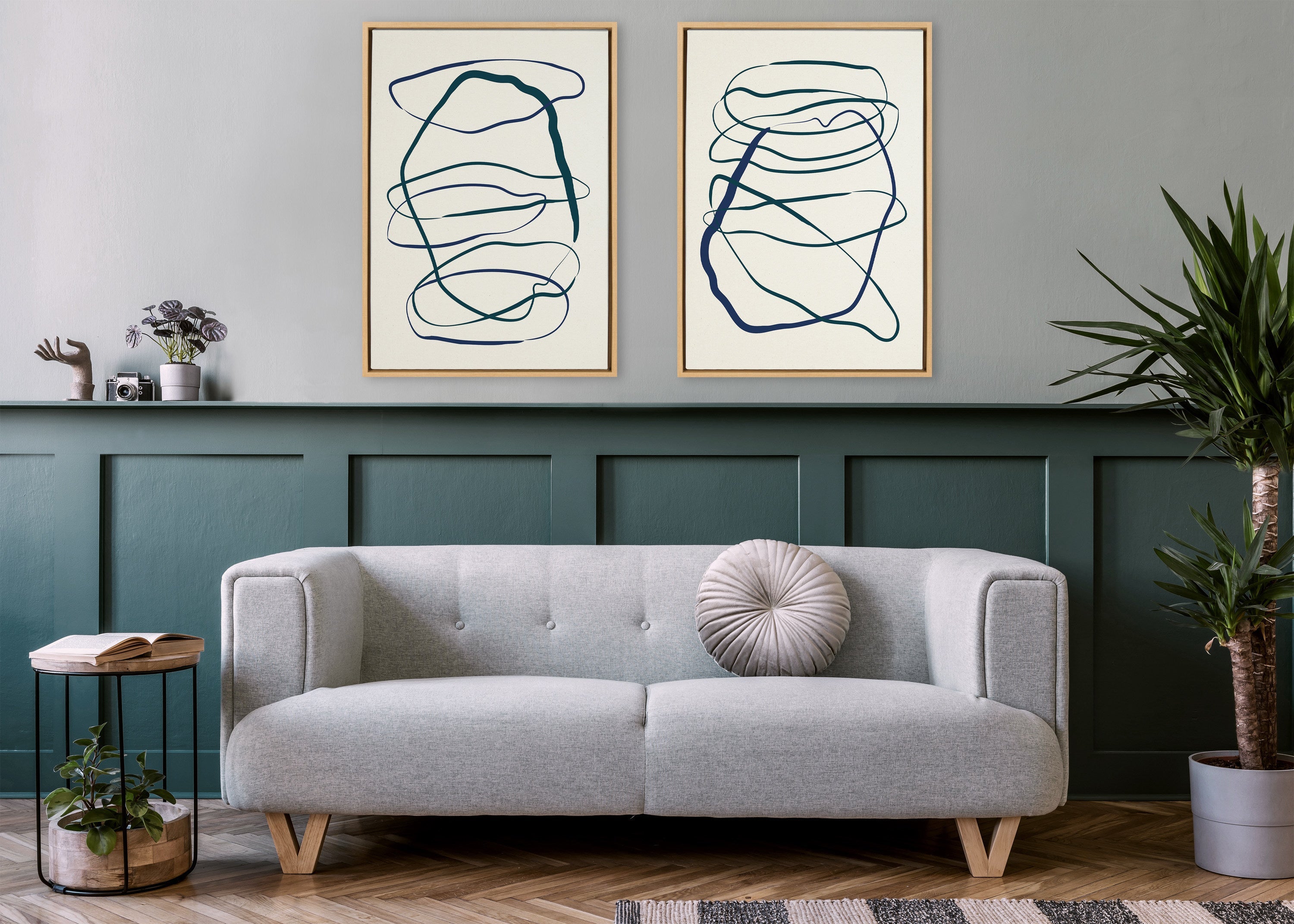 Sylvie Blue and Green Expressive Abstract 1 and 2 Framed Canvas Art Set