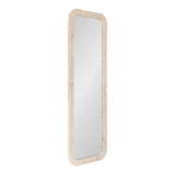 Tall rectangular wall mirror with a narrow, light wood-toned frame featuring subtle horizontal grain texture and softly rounded corners.