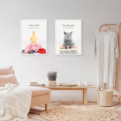 Sylvie Cat Laundry Goals and Ducky Gentle Cycle Framed Canvas Art Set by Amy Peterson